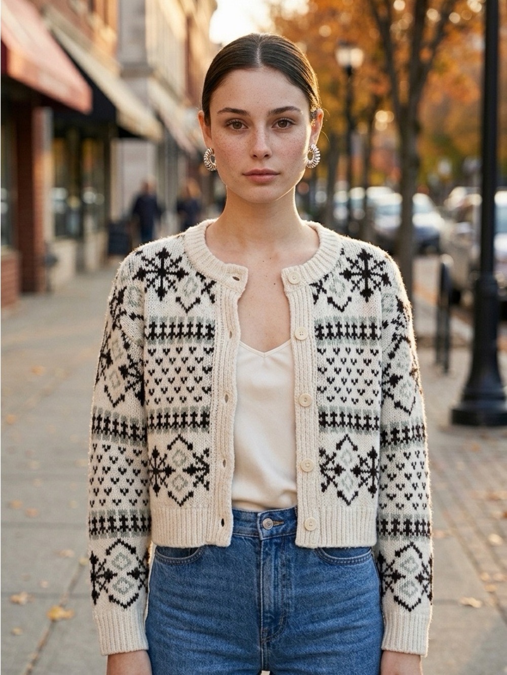 Freshman 1996 Woman’s Cream, Black & Sage Nordic Snowflake Design Cardigan S